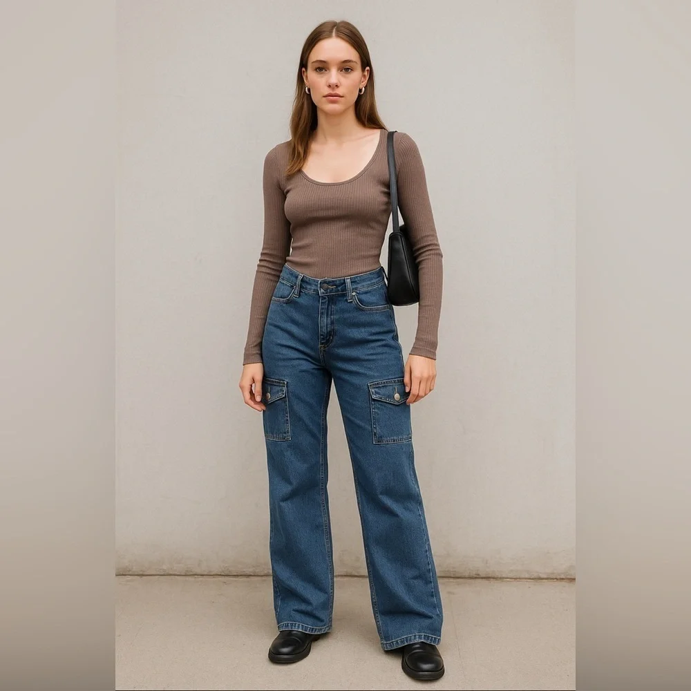 Wild Fable Low Rise Cargo Pockets Flare Blue Denim Jeans Streetwear Y2K Modern